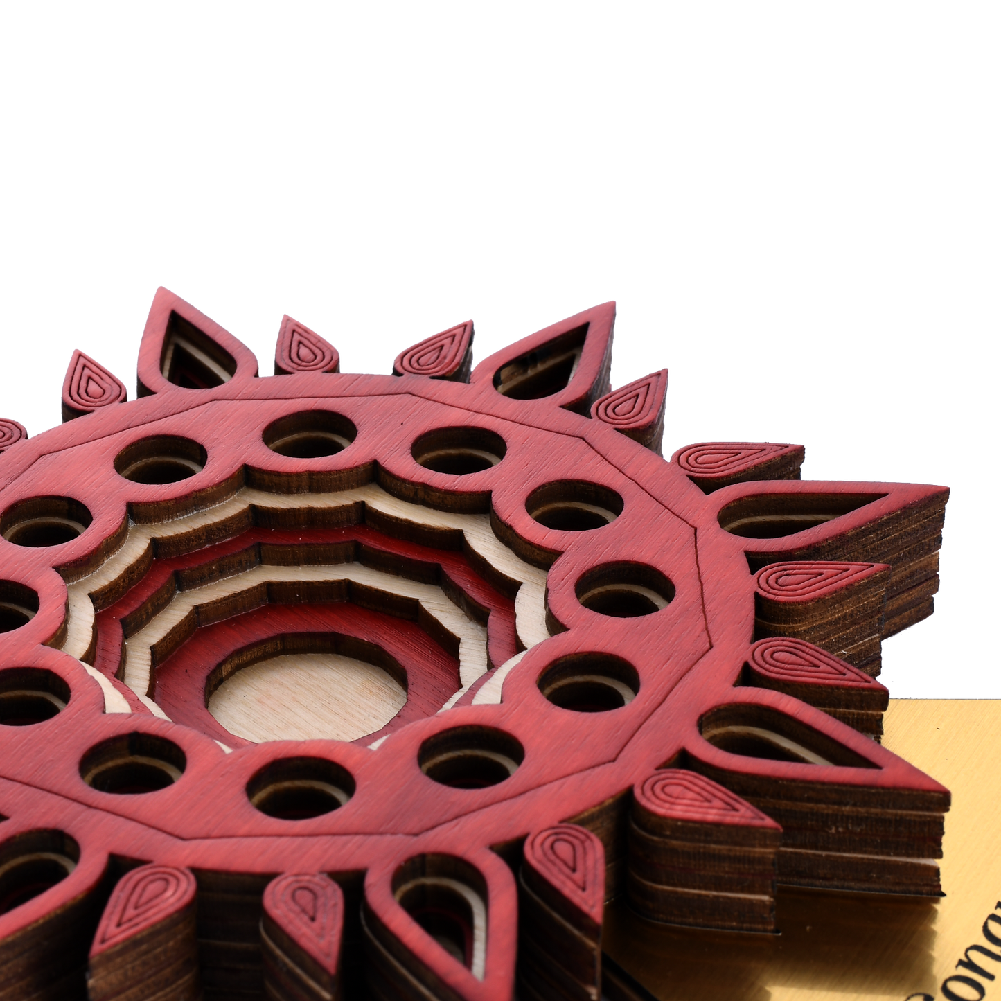 Crimson Mandala: The Striking Red Wood Trophy with Customizable Golden Accent